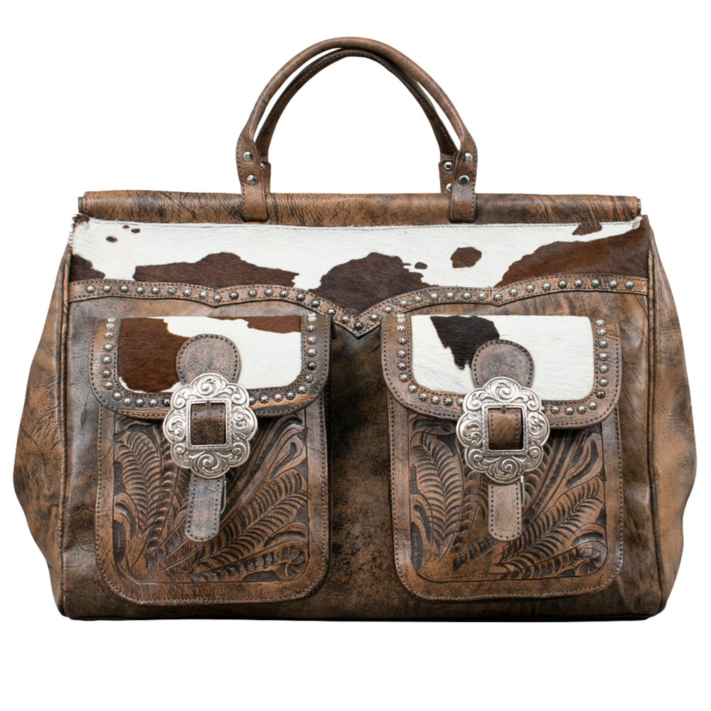 Cowtown duffel bag with front pockets in distressed charcoal brown with hand tooled leather and hair-on hide accents