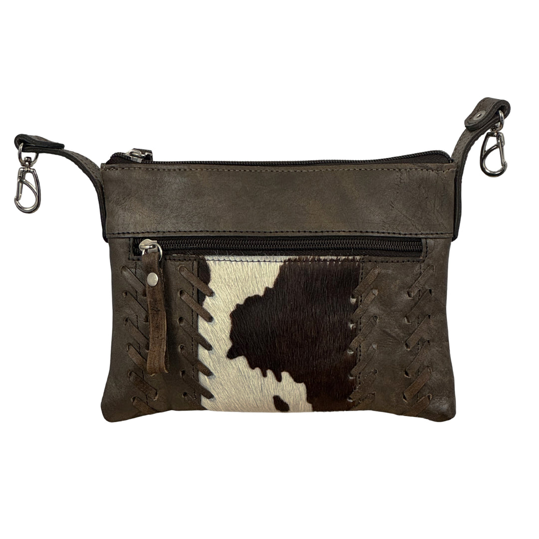 Cowtown crossbody/hip bag in distressed charcoal brown with hair-on hide leather accents