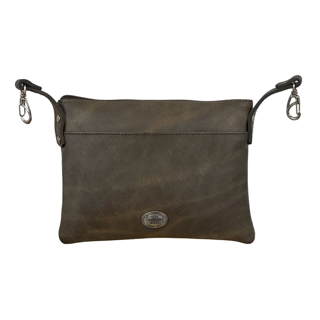 Back view of Cowtown crossbody bag/hip bag in distressed charcoal brown