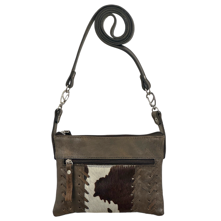 Cowtown crossbody/hip bag in distressed charcoal brown with hair-on hide leather accents with strap on