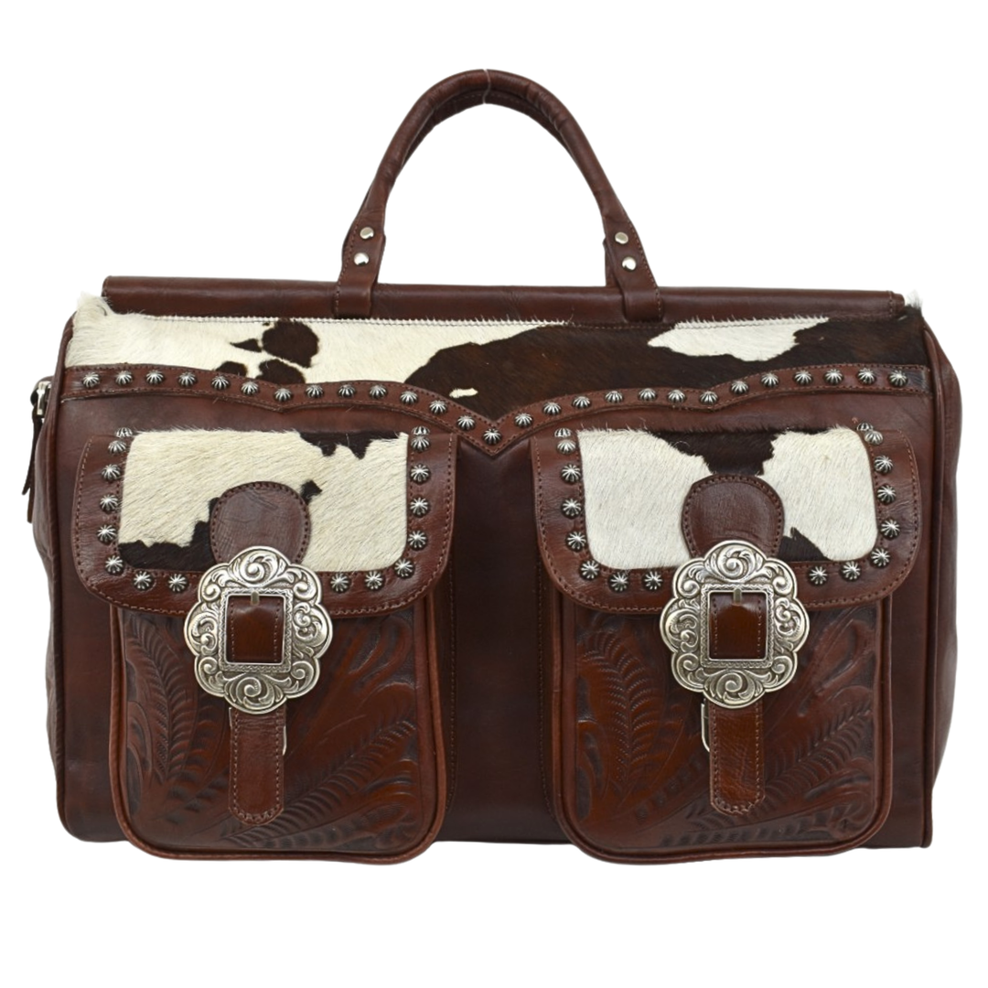 Cowtown duffel bag with front pockets in dark brown with hand tooled leather and hair-on hide accents