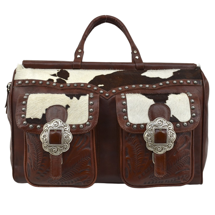 Cowtown duffel bag with front pockets in dark brown with hand tooled leather and hair-on hide accents