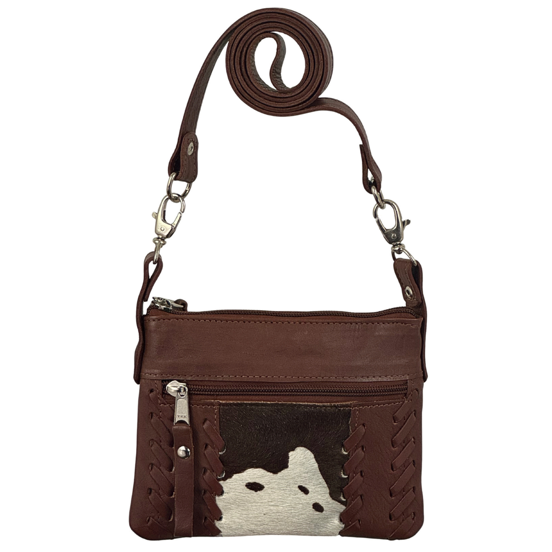 Cowtown crossbody/hip bag in dark brown with hair-on hide leather accents