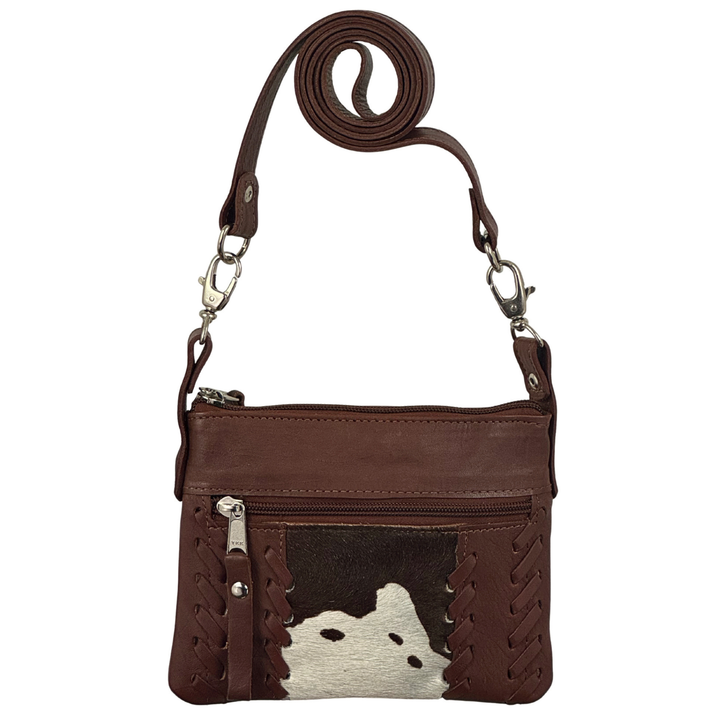 Cowtown crossbody/hip bag in dark brown with hair-on hide leather accents