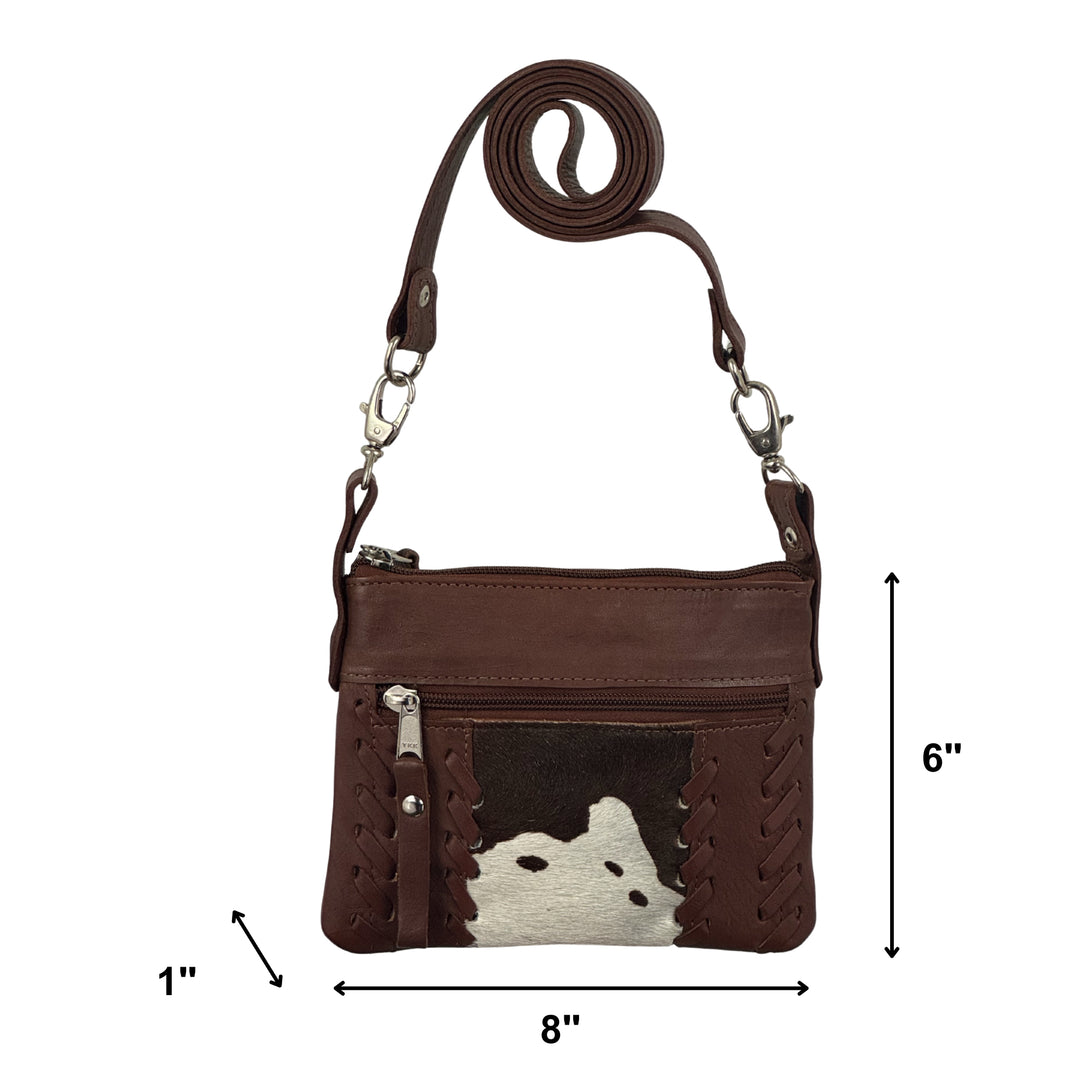 Cowtown crossbody/hip bag in dark brown with hair-on hide leather accents with dimensions