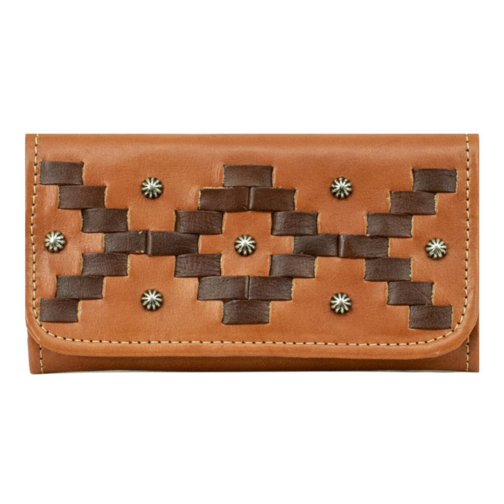 Tribal Weave tri-fold wallet in natural tan with leather stitching accents