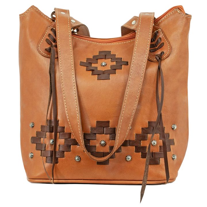 Tribal Weave bucket tote in natural tan with leather stitching accents