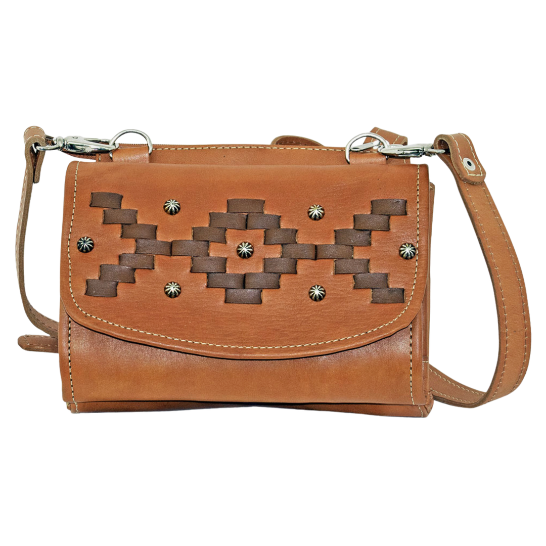 Tribal Weave crossbody bag in natural tan with leather stitching accents