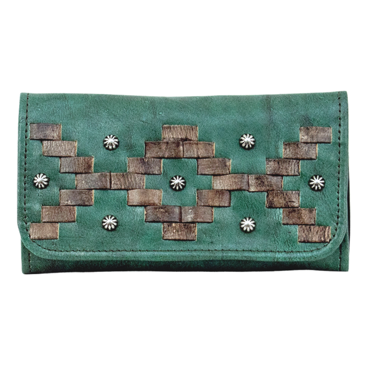 Tribal Weave tri-fold wallet in light turquoise with leather stitching accents