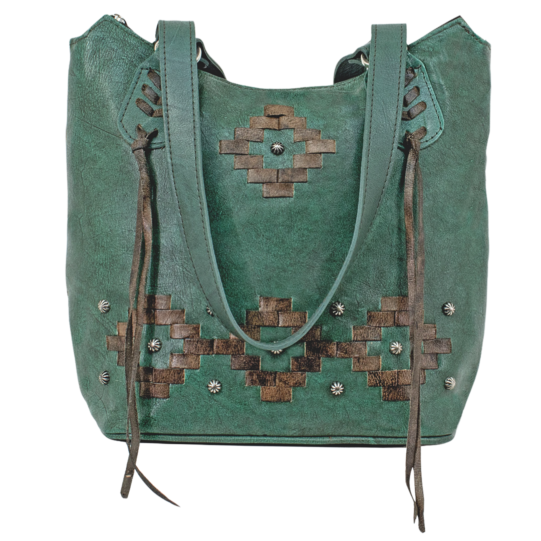 Tribal Weave bucket tote in light turquoise with leather stitching accents