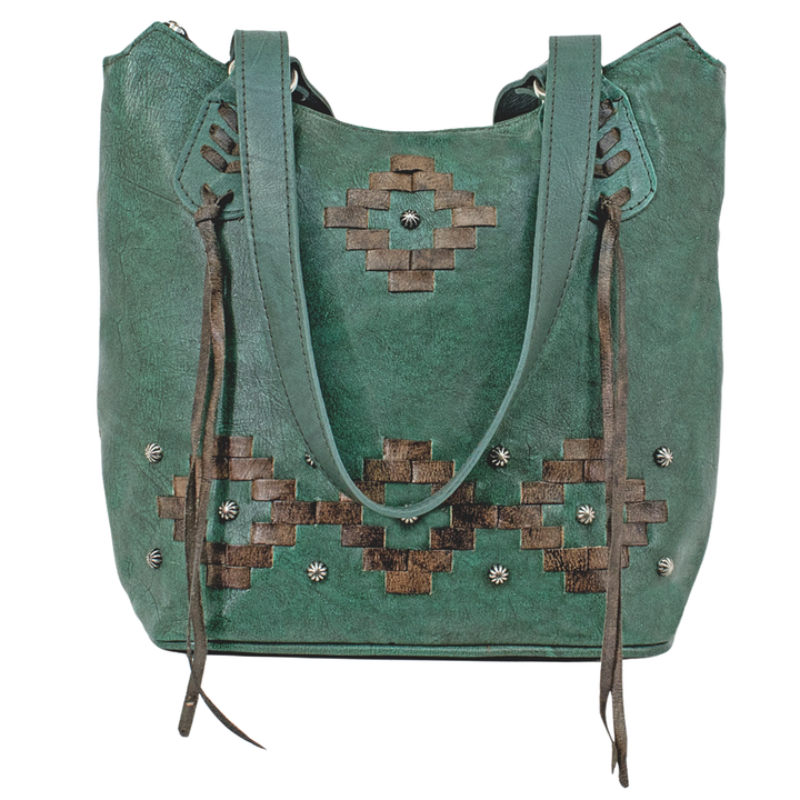 Tribal Weave bucket tote in light turquoise with leather stitching accents