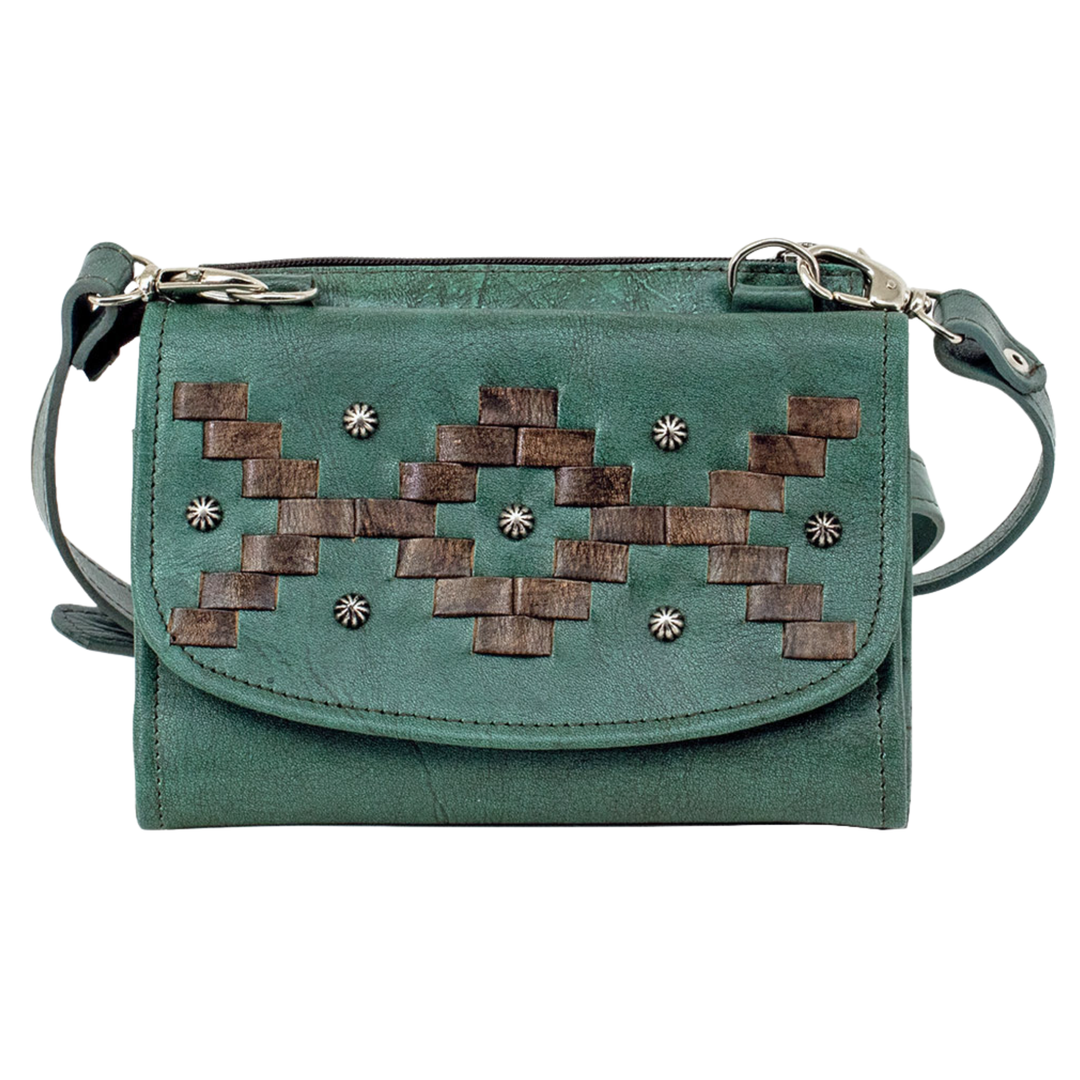 Tribal Weave crossbody bag in light turquoise with leather stitching accents