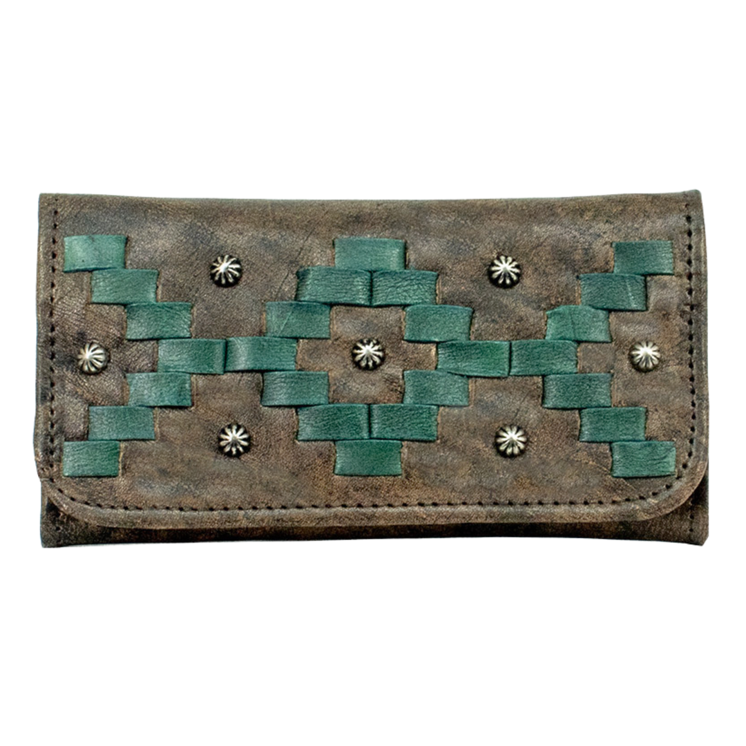 Tribal Weave tri-fold wallet in distressed charcoal brown with leather stitching accents