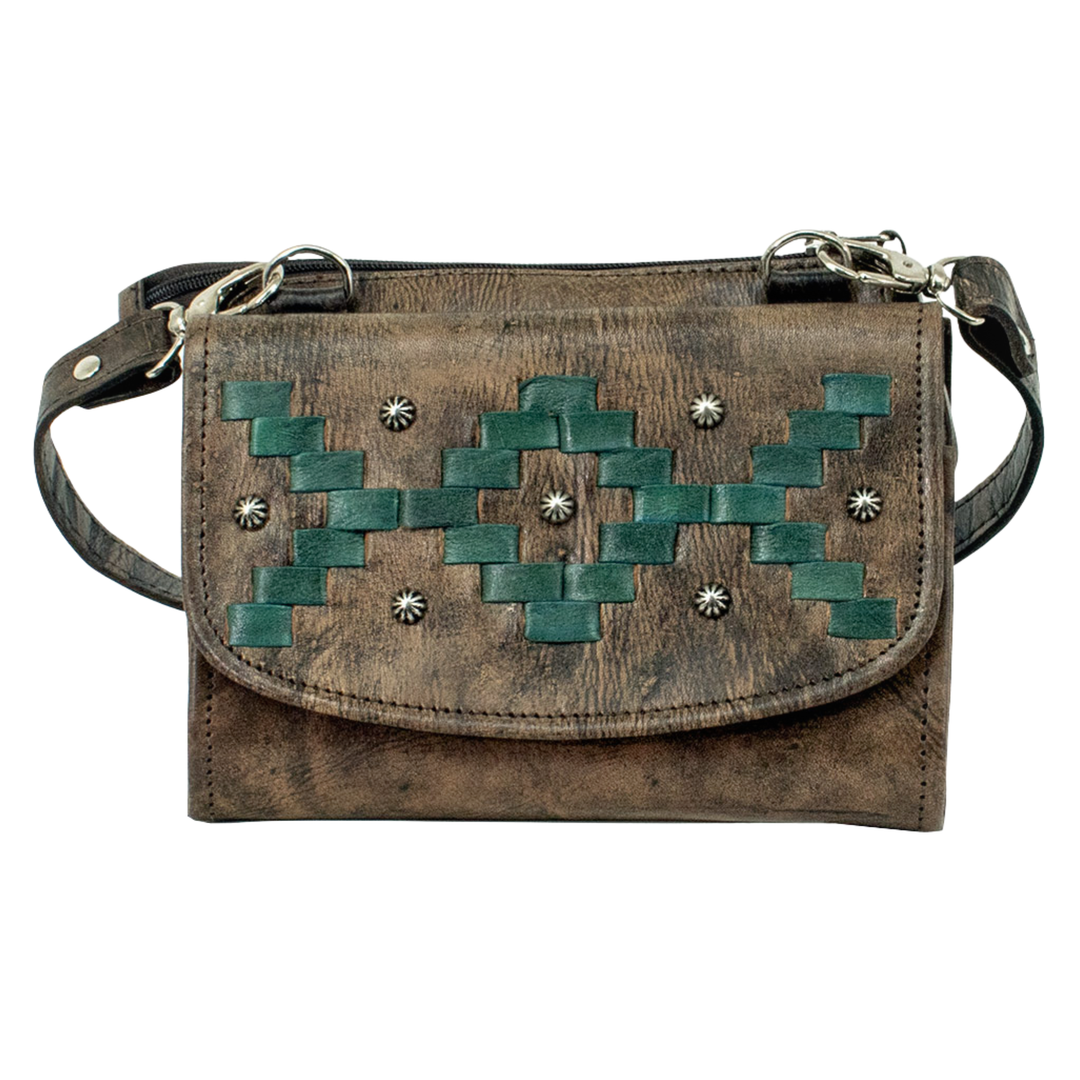 Tribal Weave crossbody bag in distressed charcoal brown with leather stitching accents