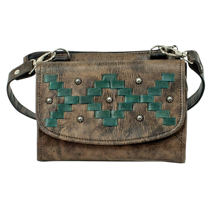 Tribal Weave crossbody bag in distressed charcoal brown with leather stitching accents