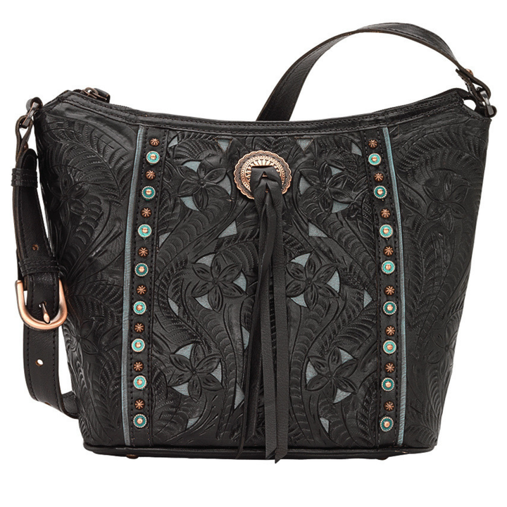 Hill Country bucket tote in black with hand tooled leather accents and bolo concho with tassel