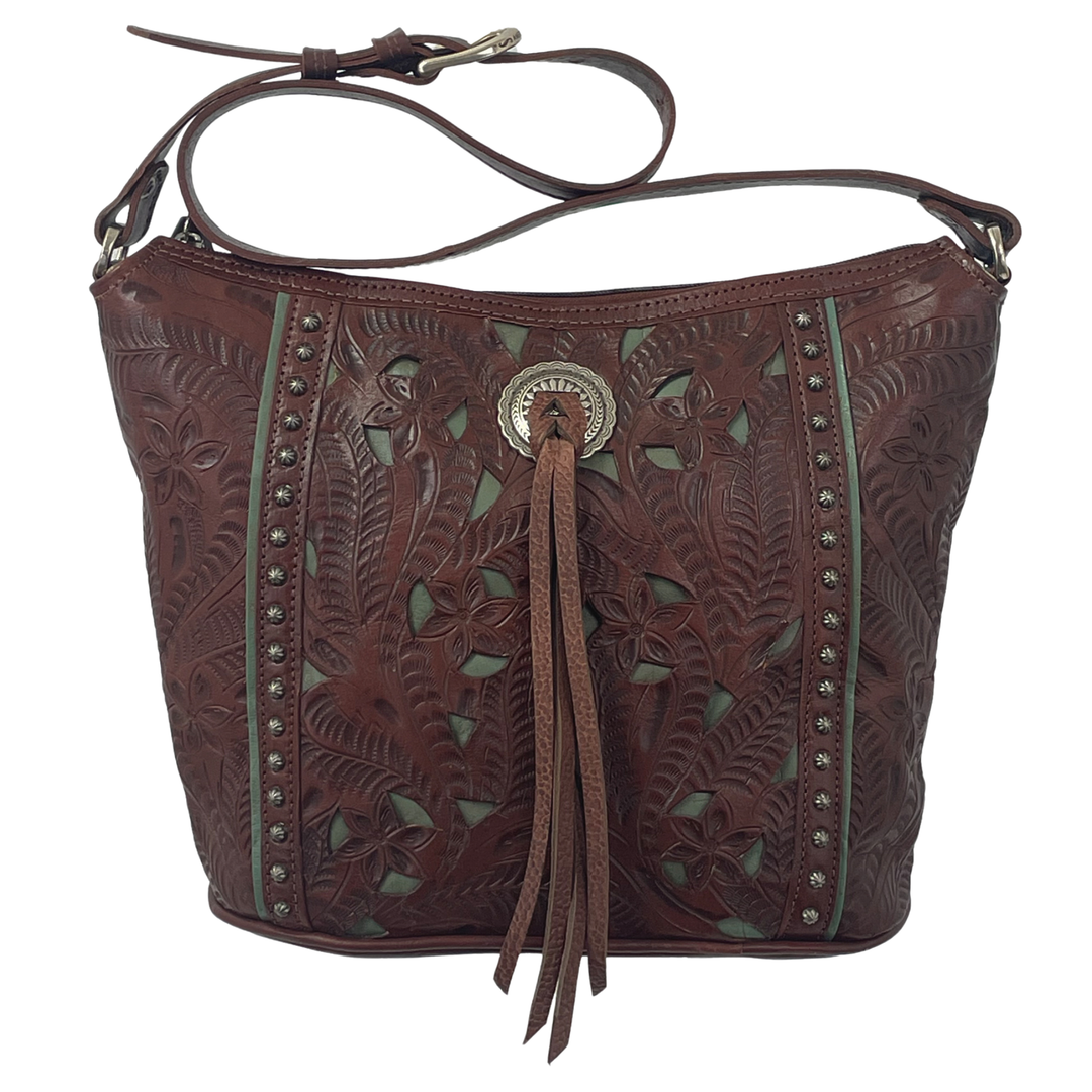 Hill Country bucket tote in dark brown with hand tooled leather accents and bolo concho with tassel