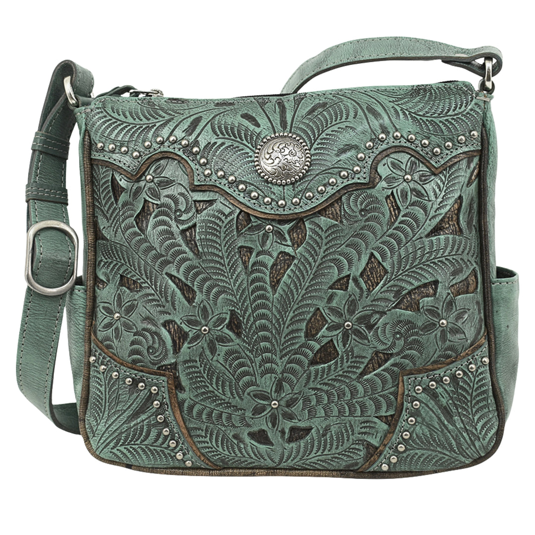Inlay Eagle crossbody bag in light turquoise with hand tooled leather and cut out accents