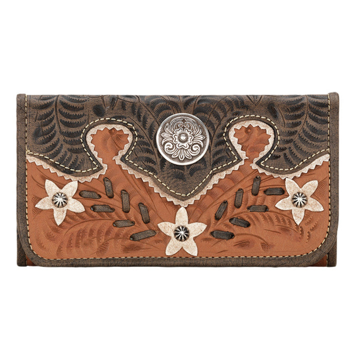 Desert Wildflower tri-fold wallet in natural tan with hand tooled leather cream colored flower accents