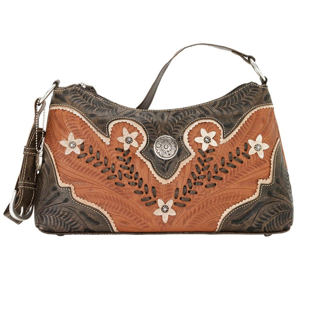 Desert Wildflower shoulder bag in natural tan with hand tooled leather cream colored flower accents