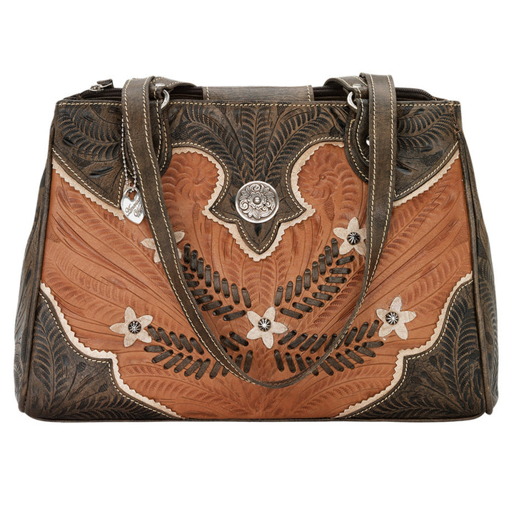 Desert Wildflower multi-compartment organizer tote in natural tan with hand tooled leather cream colored flower accents