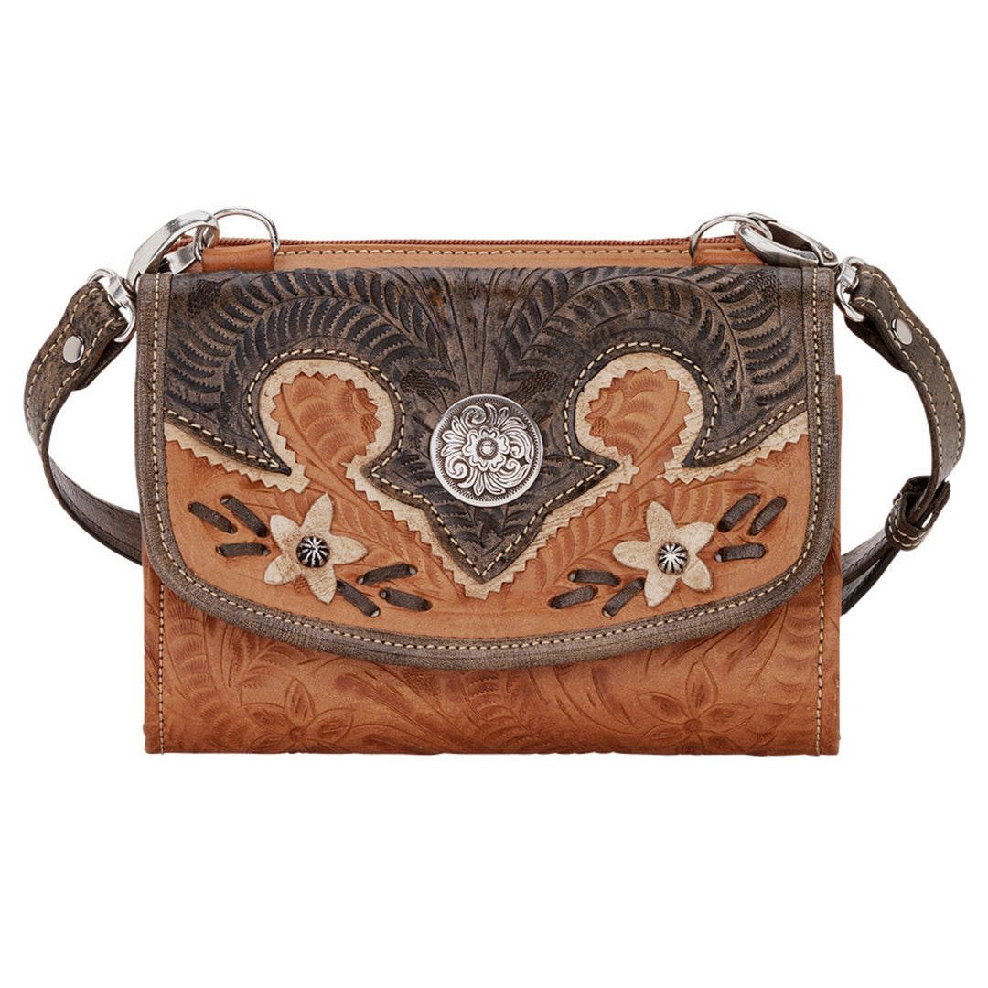 Desert Wildflower crossbody bag in natural tan with hand tooled leather cream colored flower accents
