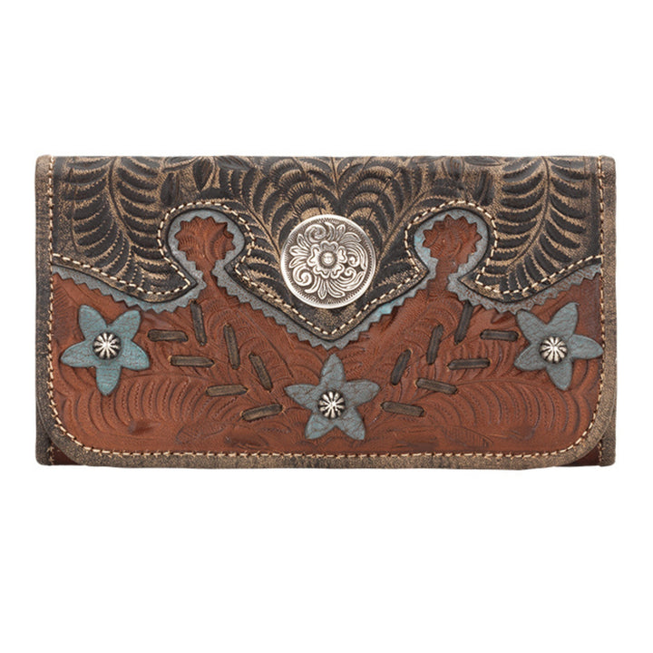 Desert Wildflower tri-fold wallet in medium brown with hand tooled leather turquoise colored flower accents