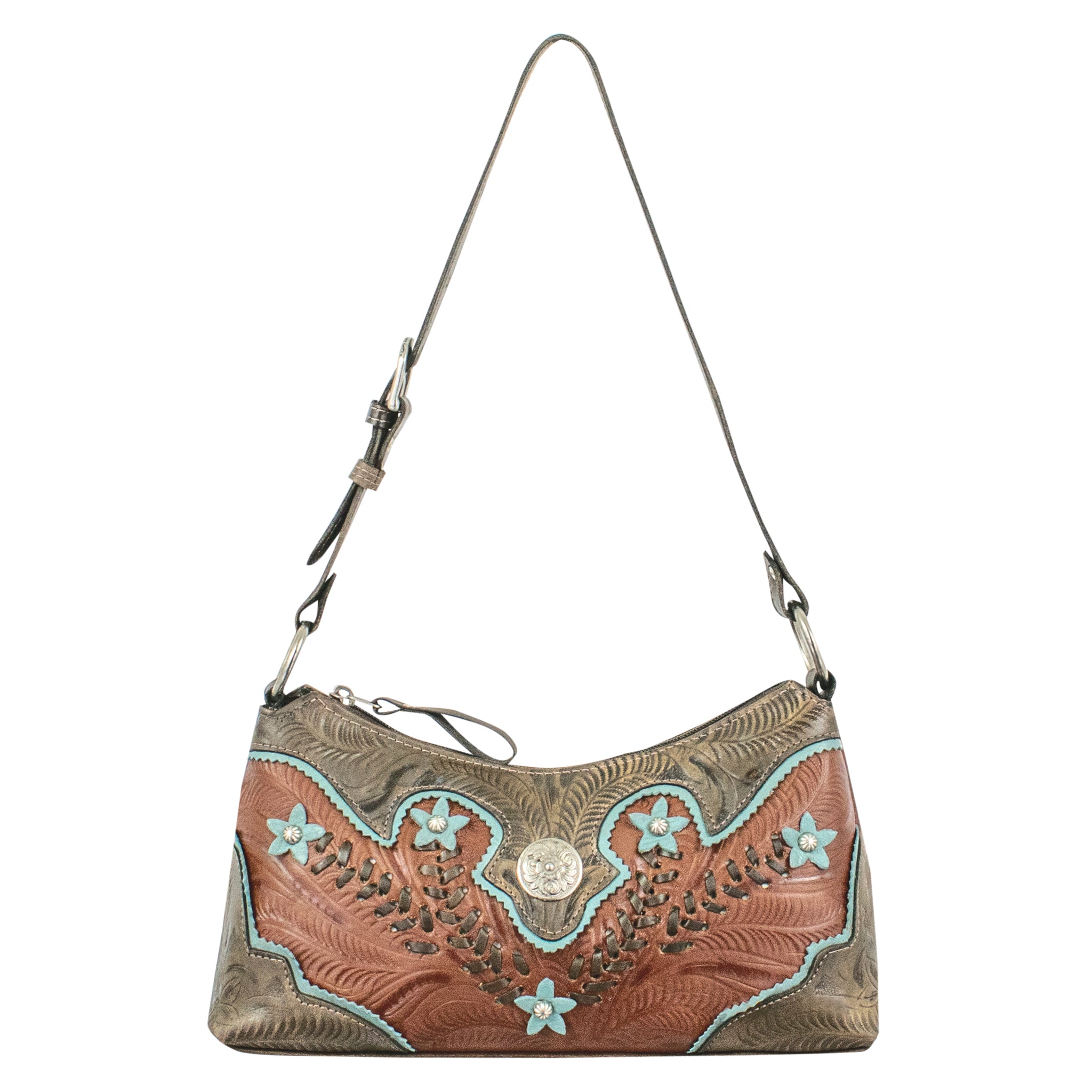 Desert Wildflower Zip Top Shoulder Bag - Hand Tooled Genuine