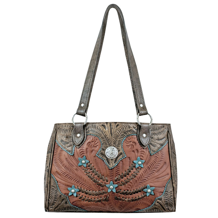 Desert Wildflower multi-compartment organizer tote in medium brown with hand tooled leather turquoise colored flower accents with straps up