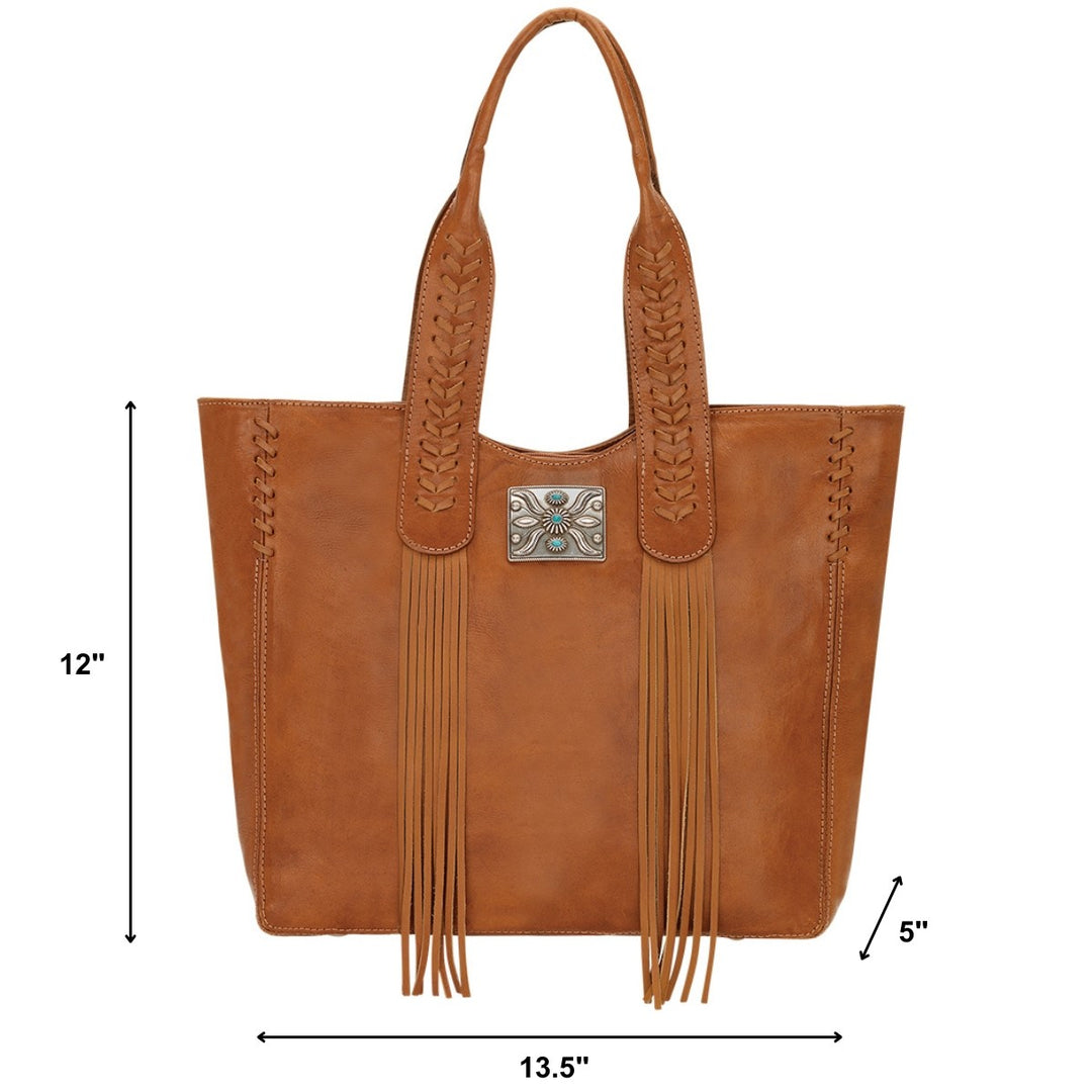 Mohave Canyon tote in natural tan with concho and leather fringe accents with dimensions