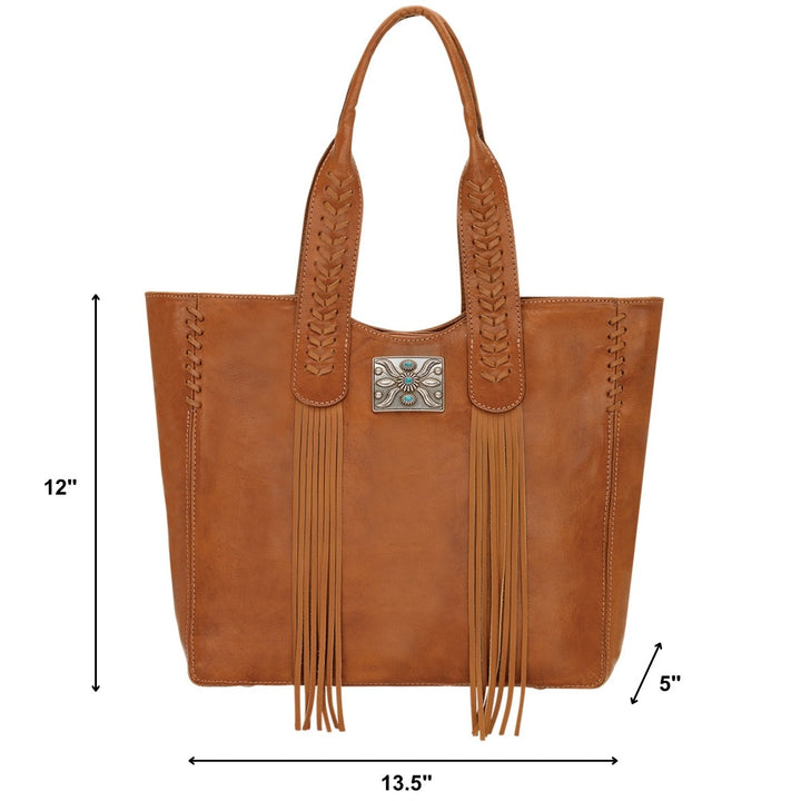 Mohave Canyon tote in natural tan with concho and leather fringe accents with dimensions