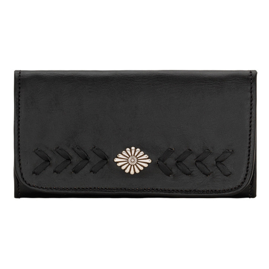 Mohave Canyon leather tri-fold wallet in black with concho and