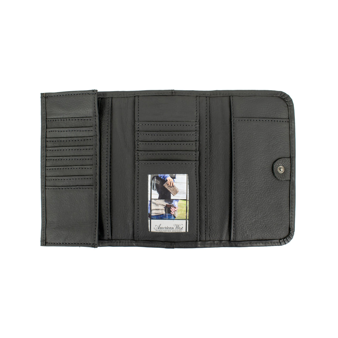 Inside of Stars and Stripes tri-fold wallet in navy with hand tooled leather accents
