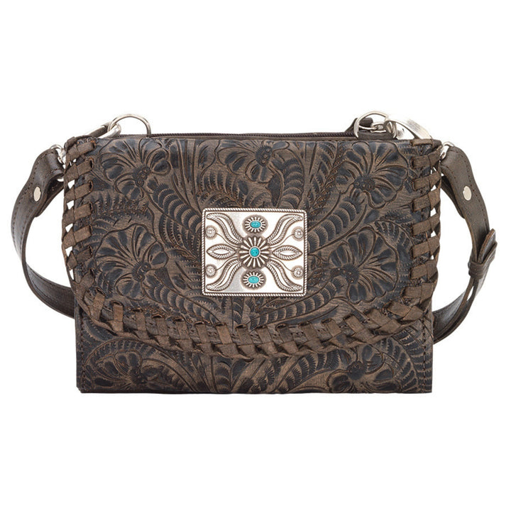 Mohave Canyon crossbody bag in distressed charcoal brown with hand tooled leather pattern and concho