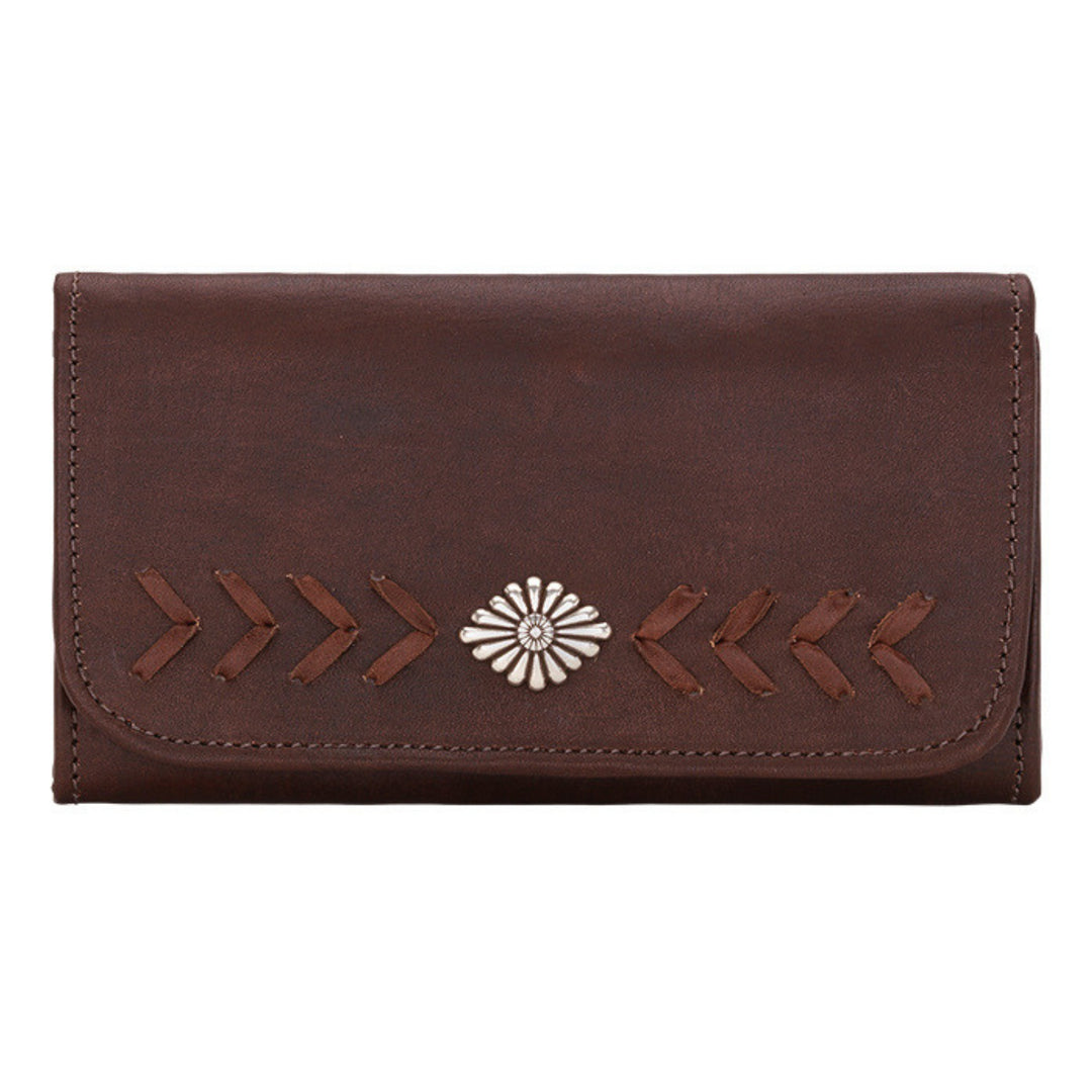 Mohave Canyon leather tri-fold wallet in dark brown with concho 