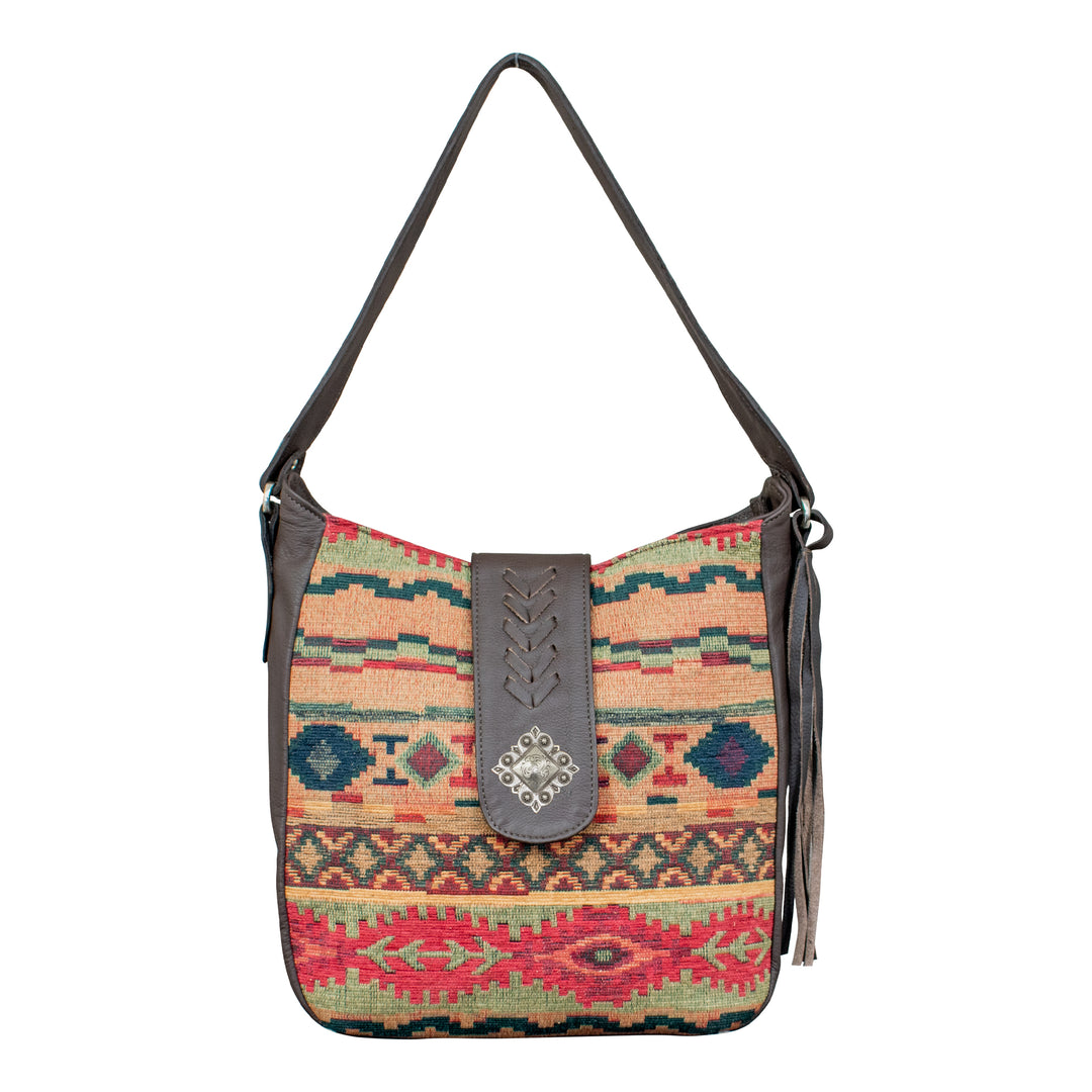 Woven Tapestry conceal carry shoulder bag in woven tapestry with concho and leather stitching with strap up