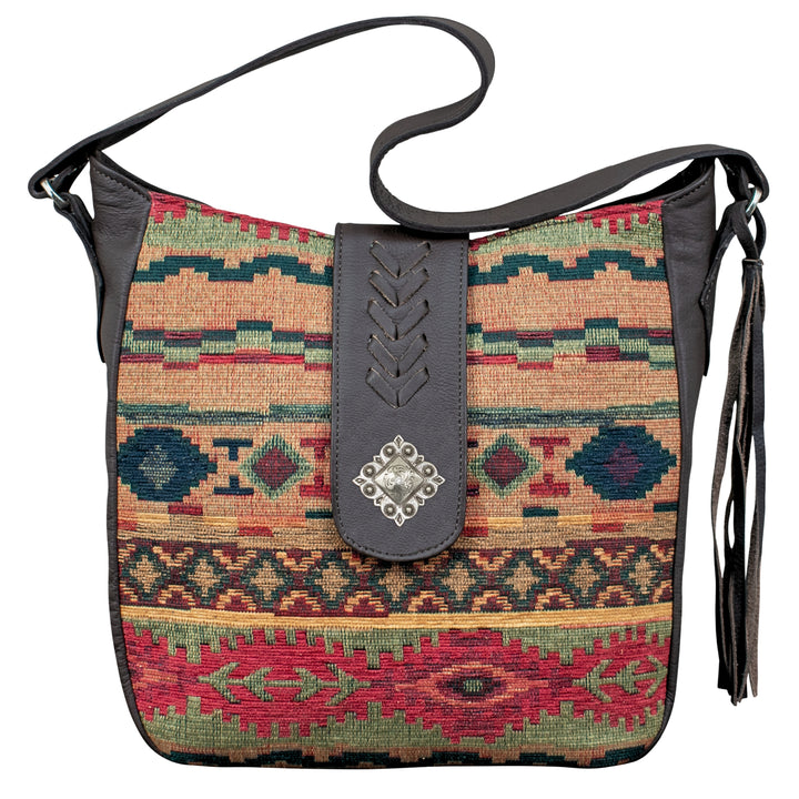 Woven Tapestry conceal carry shoulder bag in woven tapestry with concho and leather stitching