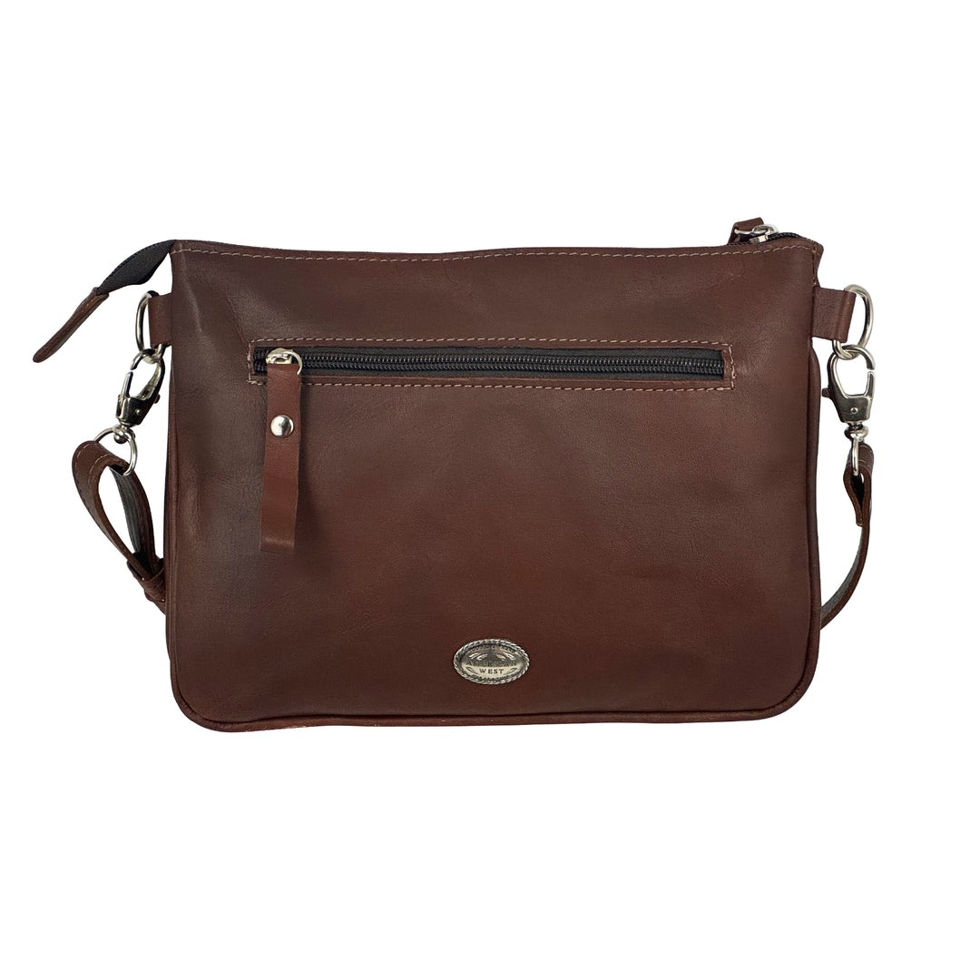 Back view of Maká Festive multi compartment crossbody bag in brown
