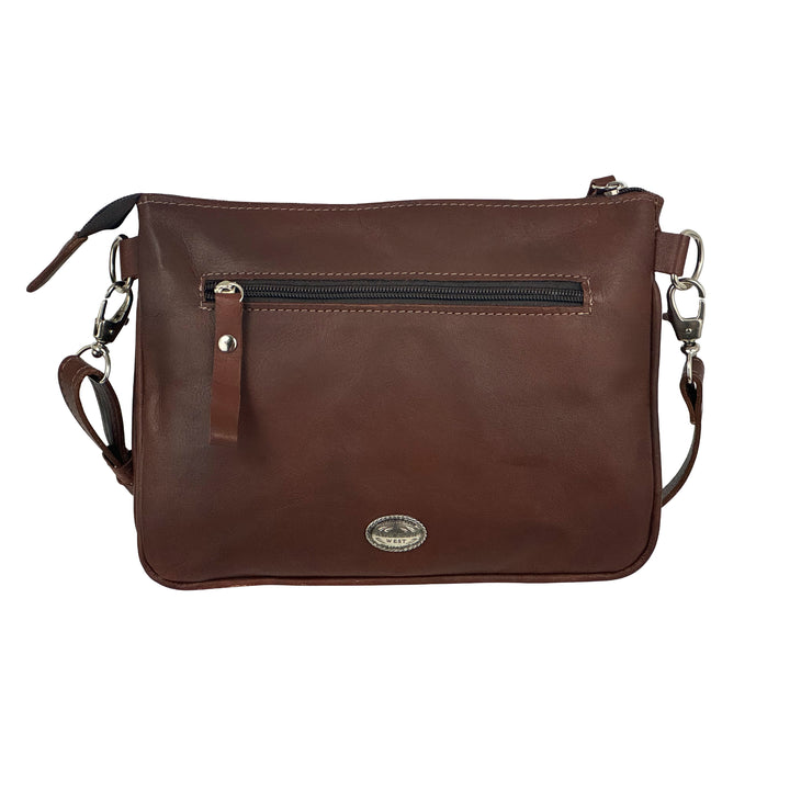 Back view of Maká Festive multi compartment crossbody bag in brown