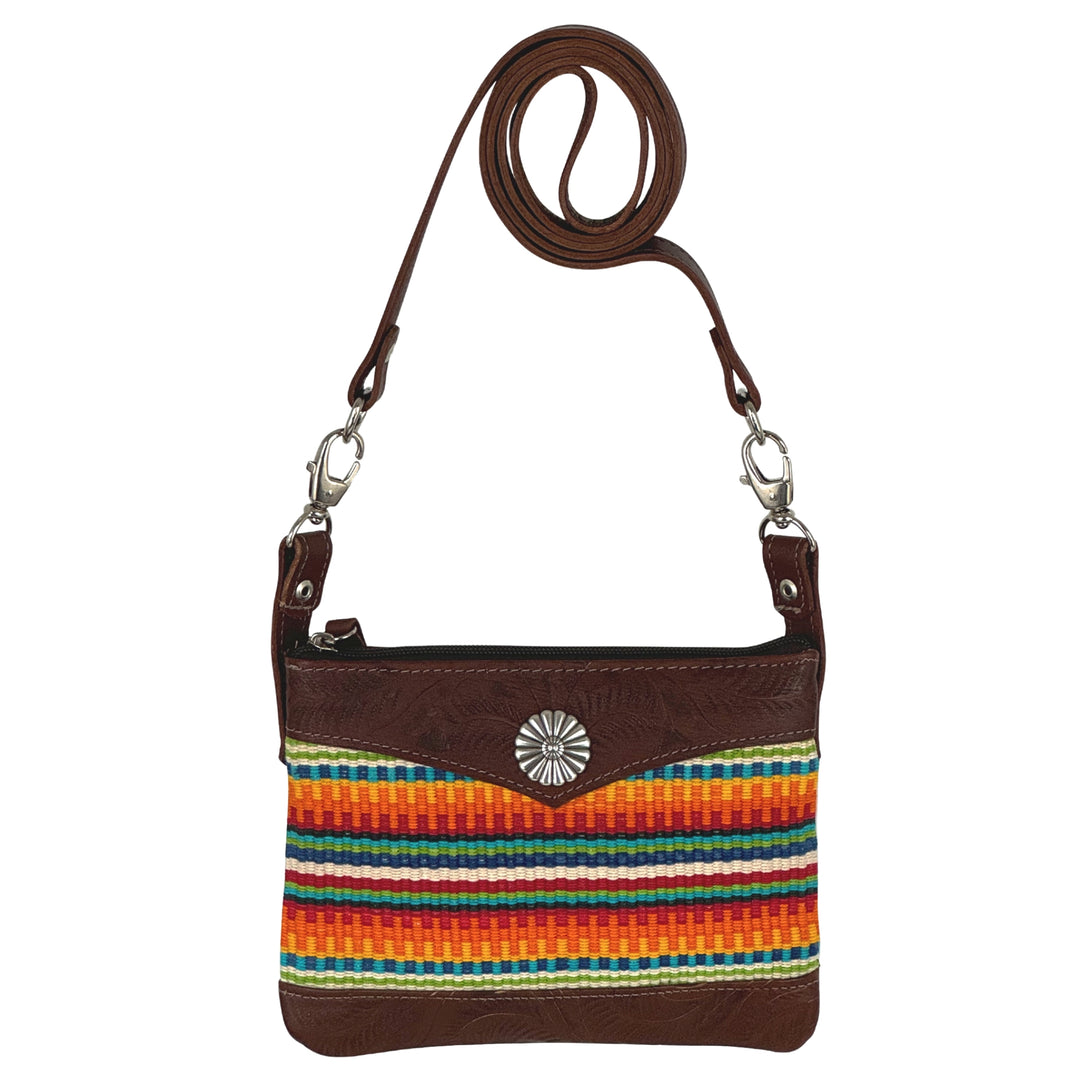 Maká Festive crossbody/hip bag in brown with hand tooled leather and red themed hand woven tapestry