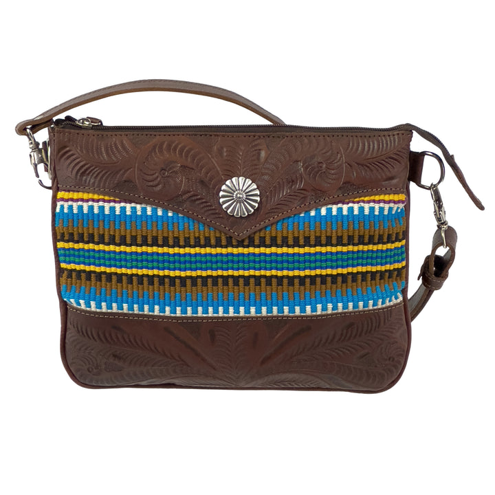 Maká Festive multi compartment crossbody in brown with hand tooled leather, blue themed hand woven tapestry, and concho