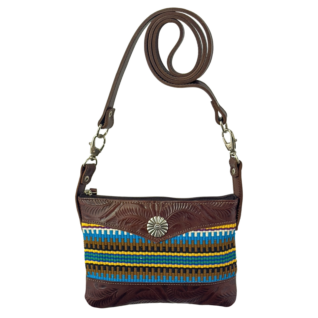 Maká Festive crossbody/hip bag in brown with hand tooled leather and blue themed hand woven tapestry