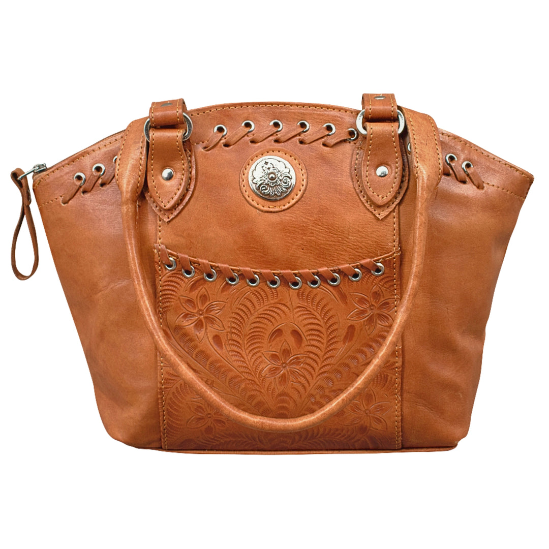 Harvest Moon Bucket conceal carry tote in natural tan with hand tooled leather accents