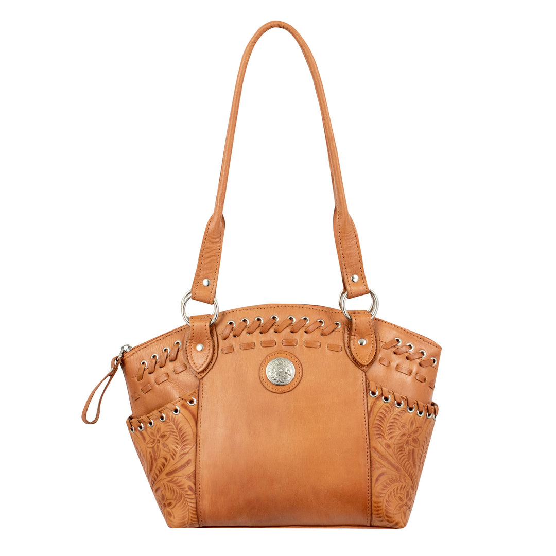 Harvest Moon bucket tote in natural tan with hand tooled leather accents with straps up