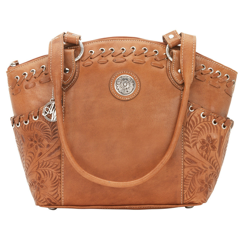 Harvest Moon bucket tote in natural tan with hand tooled leather accents