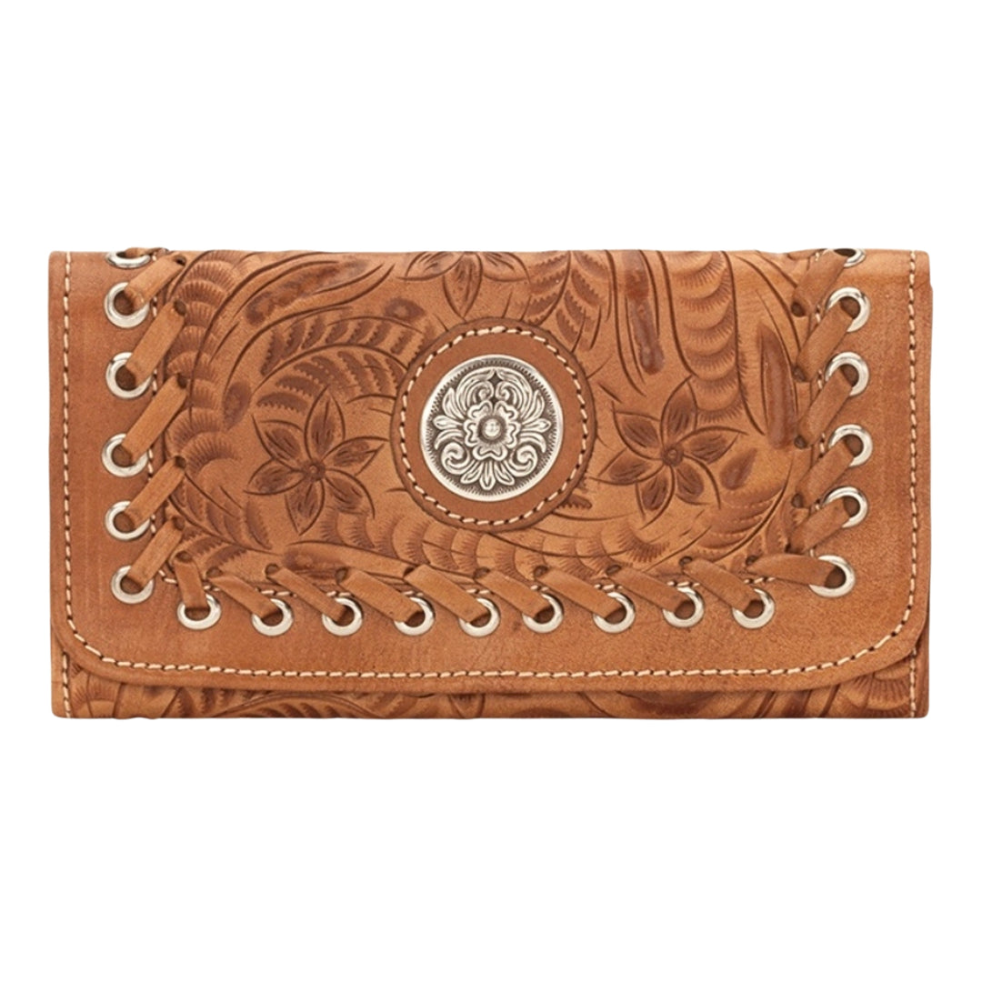 Harvest Moon tri-fold wallet in natural tan with hand tooled leather accents