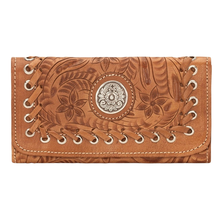 Harvest Moon tri-fold wallet in natural tan with hand tooled leather accents