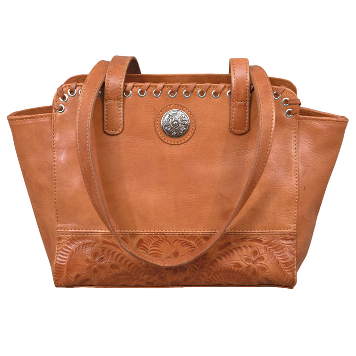 Harvest Moon conceal carry tote in natural tan with hand tooled leather accents