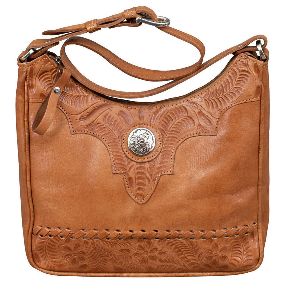 Harvest Moon conceal carry shoulder bag in natural tan with hand tooled leather accents