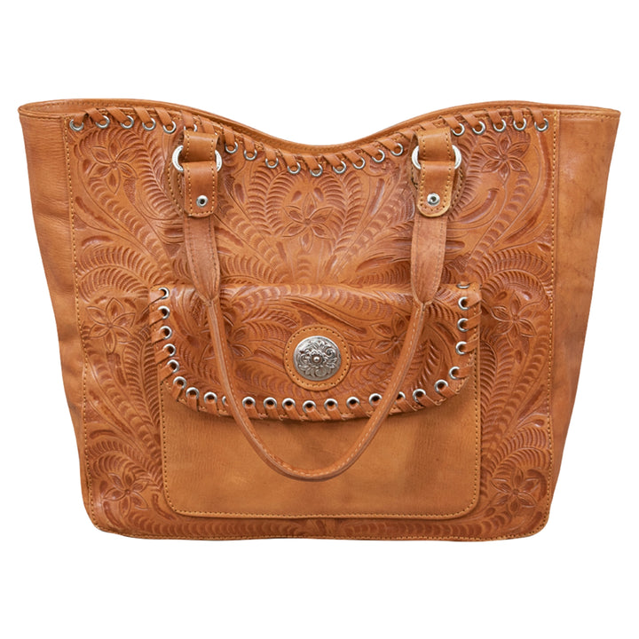 Harvest Moon conceal carry tote in natural tan with hand tooled leather accents